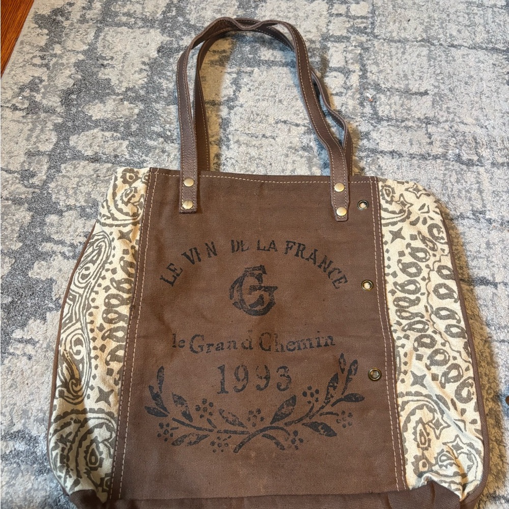 Myra Bag “1993 Le Vin De La France” Canvas Leather Tote Western Farmhouse Bags